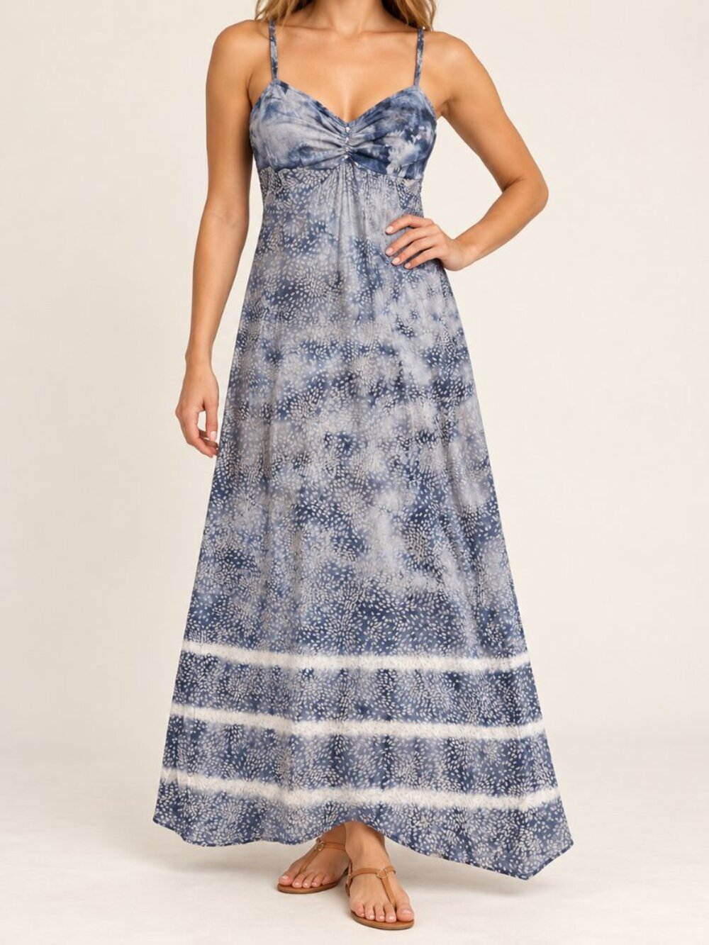 Blue Grey Abstract Print Strappy Maxi Sundress